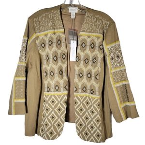Chico's tan linen blend open front jacket with beads and embroidery New Size 2